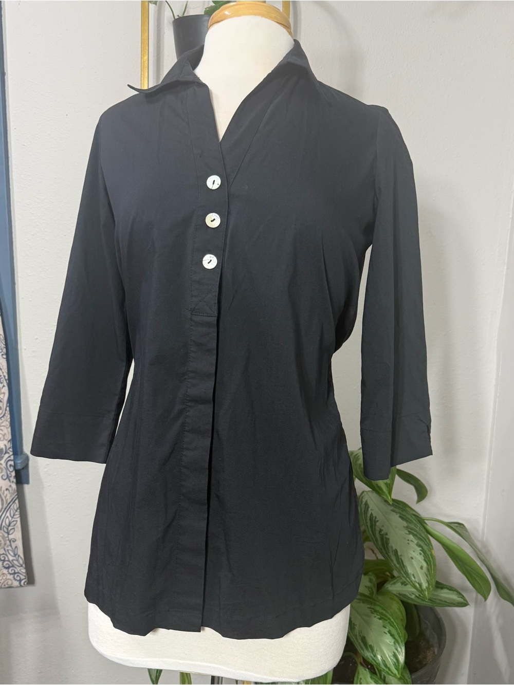 Zac & Rachel Women’s Small Black Button Back Tunic Blouse 3/4 Sleeve Collared